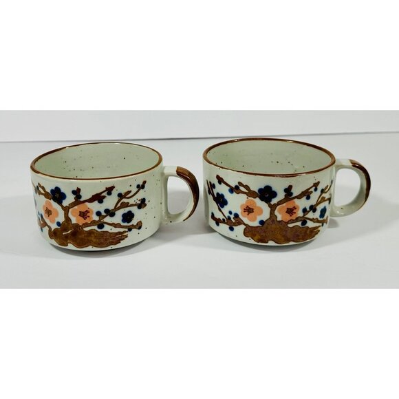 Vintage Korean Ceramic Stoneware Soup Mugs Floral Design Hand-Painted Brown & Wh - Picture 5 of 15